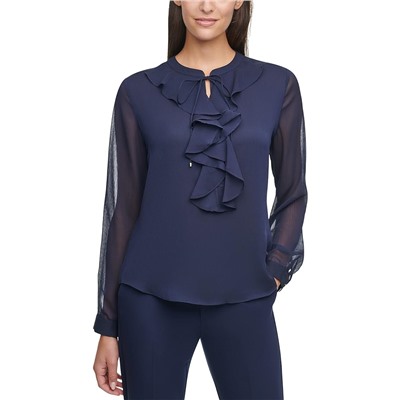 To*mmy Hil*figer Long Sleeve Ruffle Front Blouse
