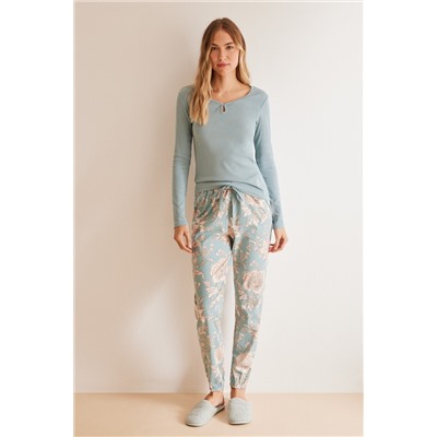 Women'secret Pijama largo algodón azul flores