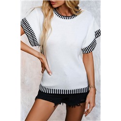 White Contrast Trim Round Neck Batwing Sleeve Knitted Top