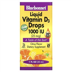 Bluebonnet Nutrition, Жидкий витамин D3, в каплях, натуральный цитрусовый вкус, 1,000 МЕ, 1 жидкая унция (30 мл)