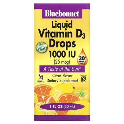 Bluebonnet Nutrition, Жидкий витамин D3, в каплях, натуральный цитрусовый вкус, 1,000 МЕ, 1 жидкая унция (30 мл)