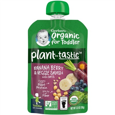 Gerber, Organic for Toddler, Plant-Tastic, 12+ Months, Banana Berry & Veggie Smash with Oats, 3.5 oz (99 g)