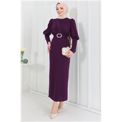 TOFİSA Простое женское фиолетовое платье с круглым вырезом - 11615