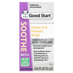 Gerber, Soothe, пробиотические капли с витамином D, для младенцев с рождения, 10 мл (0,34 жидк. унции)