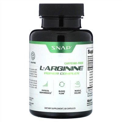 Snap Supplements, L-аргинин, без кофеина, 60 капсул