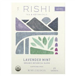 Rishi Tea, Organic Botanical Blend, лаванда и мята, без кофеина, 15 пакетиков, 37,5 г (1,32 унции)