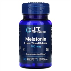 Life Extension, мелатонин, с медленным 6-часовым высвобождением, 750 мкг, 60 вегетарианских таблеток