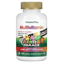 NaturesPlus, Animal Parade Gold, Children's Chewable Multivitamin Supplement, Cherry, Grape & Orange, 120 Animal-Shaped Tablets