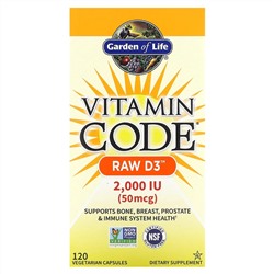 Garden of Life, Vitamin Code, RAW D3, 50 мкг (2000 МЕ), 120 вегетарианских капсул