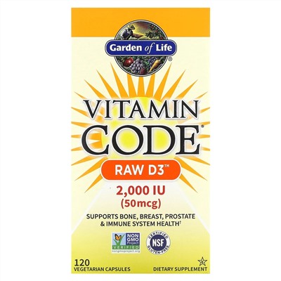 Garden of Life, Vitamin Code, RAW D3, 50 мкг (2000 МЕ), 120 вегетарианских капсул