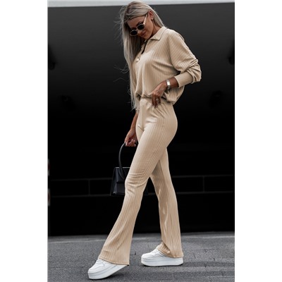Khaki Wide Ribbed Textured Turn-down Pullover Pants Outfit