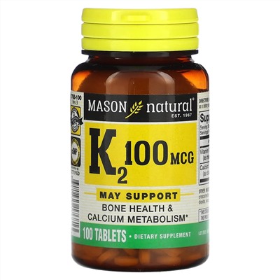 Mason Natural, витамин К2, 100 мкг, 100 таблеток