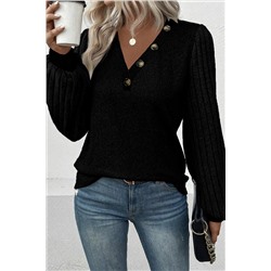 Black Buttoned V Neck Ribbed Puff Sleeve Top