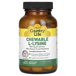 Country Life, жевательный L-лизин с витамином D, бузиной, с насыщенным вкусом апельсина, 600 мг, 60 жевательных таблеток (300 мг в одной таблетке)