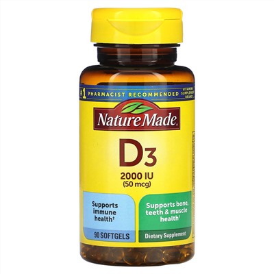 Nature Made, Vitamin D3, 50 mcg, 90 Softgels