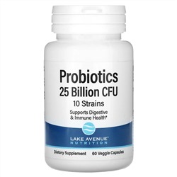 Lake Avenue Nutrition, пробиотики, смесь из 10 штаммов, 25 млрд КОЕ, 60 растительных капсул