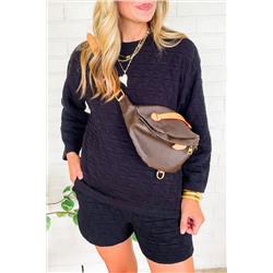 Black Textured Long Sleeve Top Shorts Outfit