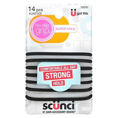 Scunci, No Slip Grip Elastics, Comfortable All Day, Strong Hold, Bright, 14 Pieces