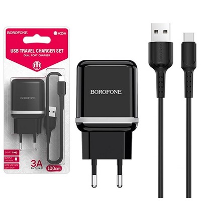 Сетевой адаптер питания BOROFONE BA36A 1USB QC 3.0 + кабель Type-C (черный)