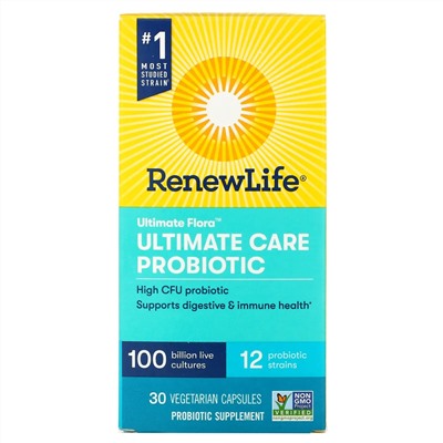 Renew Life, Ultimate Flora, пробиотик Ultimate Care, 100 млрд живых культур, 30 вегетарианских капсул