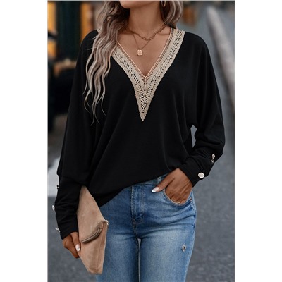 Black Contrast Guipure Lace Batwing Sleeve Top