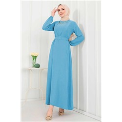 TOFİSA Простое женское синее платье с круглым вырезом - 11631