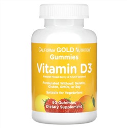 California Gold Nutrition, жевательный витамин D3, без желатина и глютена, со вкусом фруктов и ягод, 25 мкг (1000 МЕ), 90 жевательных таблеток