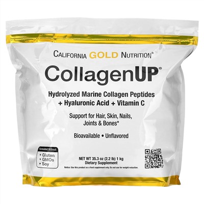 California Gold Nutrition, CollagenUP, гидролизованные пептиды морского коллагена с гиалуроновой кислотой и витамином C, без добавок, 1 кг (2,2 фунта)