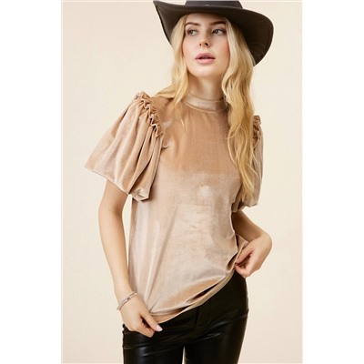 Light French Beige Frilly Puff Sleeve Mock Neck Blouse