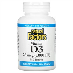 Natural Factors, витамин D3, 25 мкг (1000 МЕ), 180 капсул