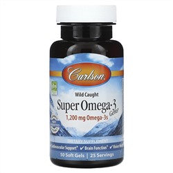 Carlson, Super Omega-3 Gems, высокоэффективные омега-3 кислоты из рыбы дикого улова, 1200 мг, 50 капсул (600 мг в 1 капсуле)
