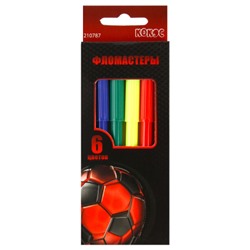 Фломастеры 6 цветов, корпус круглый, конический, смываемые, колпачок вентилируемый Football Power КОКОС 210787