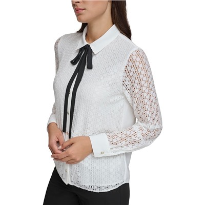 To*mmy Hil*figer Long Sleeve Collar Blouse with Tie