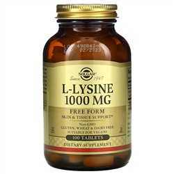 Solgar, L-лизин, в свободной форме, 1000 мг, 100 таблеток
