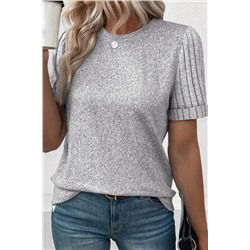 Gray Ribbed Splicing Sleeve Round Neck T-shirt