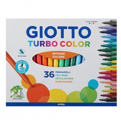 Фломастеры 36 цветов, корпус круглый, конический, смываемые, колпачок вентилируемый Turbo color GIOTTO 418000