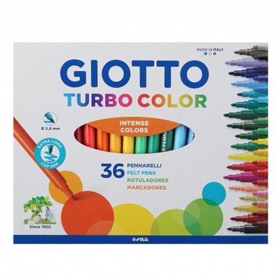 Фломастеры 36 цветов, корпус круглый, конический, смываемые, колпачок вентилируемый Turbo color GIOTTO 418000