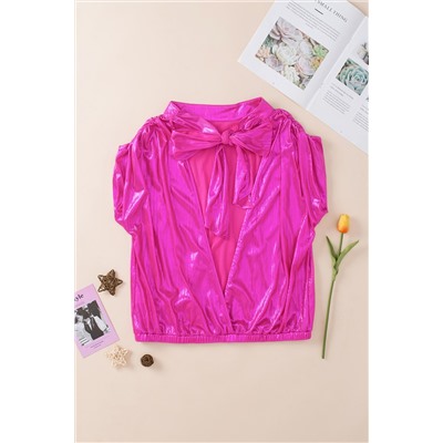 Bright Pink Ruched Sleeves Knotted Backless Blouse