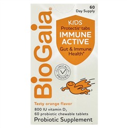 BioGaia, Kids, Immune Active with L. Reuteri + витамин D, апельсин, 60 жевательных таблеток с пробиотиками