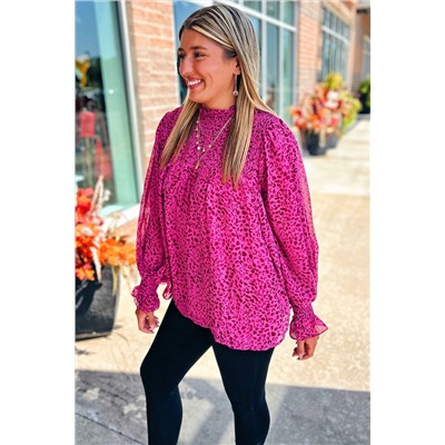Rose Leopard Shirred Puff Sleeve Flowy Blouse