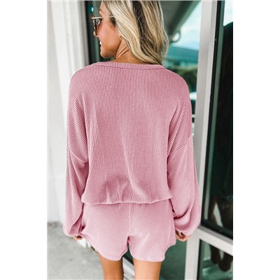 Pink Corded V Neck Slouchy Top Pocketed Shorts Set