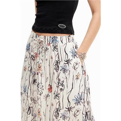 Illustrated floral midi skirt