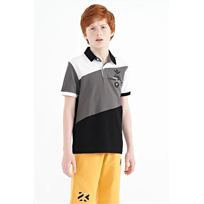 TOMMYLIFE Черная футболка с вышивкой и стандартным узором для мальчиков с воротником-поло - 11088