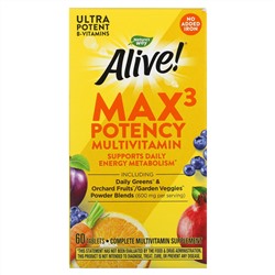 Натурес Вэй, Alive! Max3 Potency, мультивитамины повышенной эффективности, без добавления железа, 60 таблеток