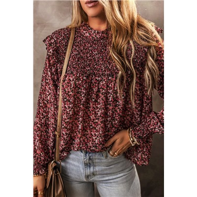 Fiery Red Ditsy Floral Smocked Ruffle Long Sleeve Blouse