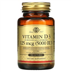Solgar, витамин D3 (холекальциферол), 125 мкг (5000 МЕ), 100 капсул