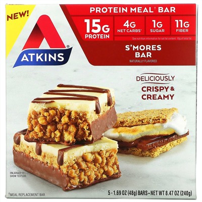 Atkins, S'mores, протеиновый батончик, 5 шт. по 48 г (1,69 унции)