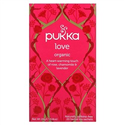 Pukka Herbs, Love, Чай с органической розой, ромашкой и лавандой, без кофеина, 20 пакетиков, 0,8 унции (24 г)