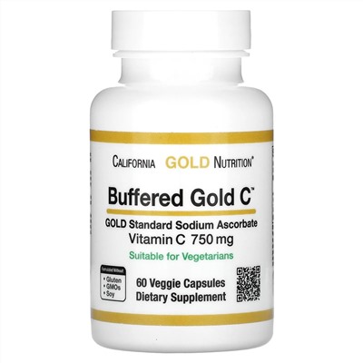 California Gold Nutrition, Gold C, GOLD Standard, буферизованный витамин C, аскорбат натрия, 750 мг, 60 растительных капсул