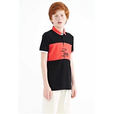 TOMMYLIFE Черная футболка с градиентной вышивкой и детальным стандартным узором с воротником поло для мальчиков - 11110